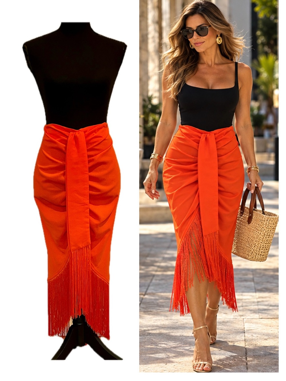 House of Harlow 1960 Orange Ruched Fringe Midi Skirt Sz S Boho Resort Statement
